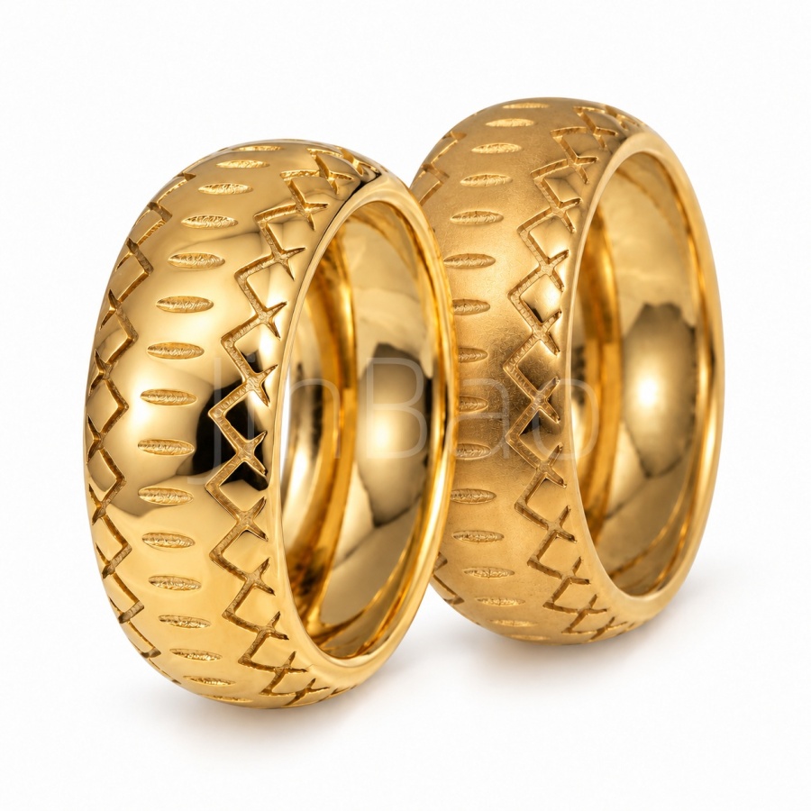Textured Band Engraved Geometric Pattern Gold Tone Ring E00759