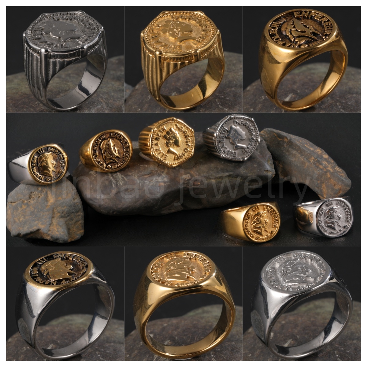 24K Gold PVD Stainless Steel Titanium Victorious Emblem Coin Men's Ring-JinBaoJewerly