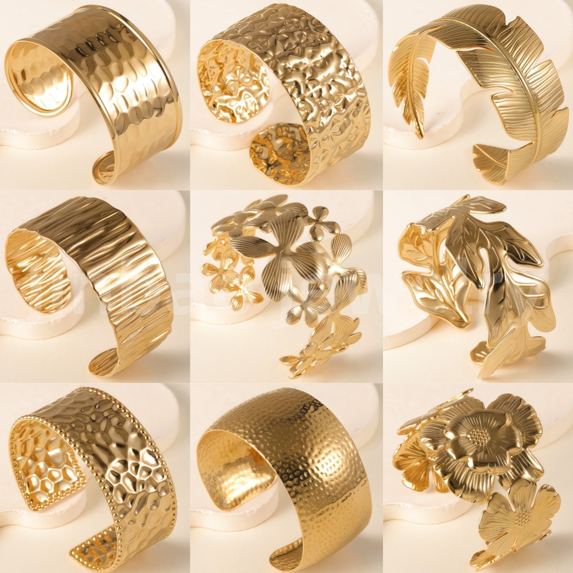 Elegant Floral Engraving 24K Gold PVD Stainless Steel Titanium Women's Bangle-JinBaoJewerly