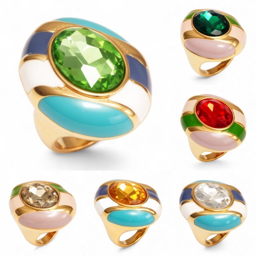 Luxury Enamel Gemstone Inlaid Stainless Steel Women's Ring | G004462JHU