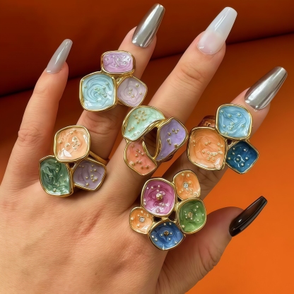 24K Gold PVD Stainless Steel Titanium Colorful Flower Women's Ring-JinBaoJewerly