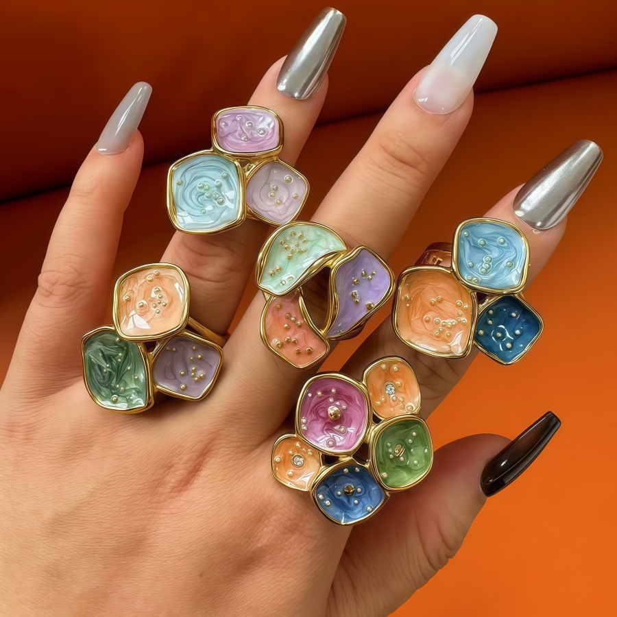 24K Gold PVD Stainless Steel Titanium Colorful Flower Women's Ring
