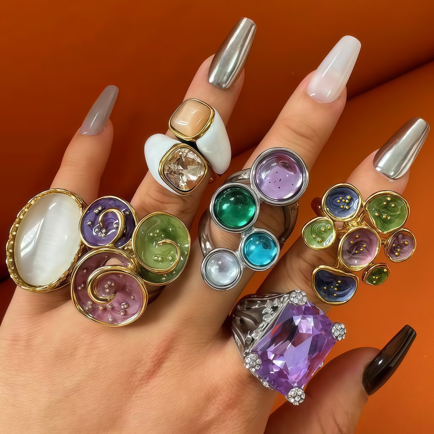 24K Gold PVD Stainless Steel Titanium Elegant Multi-Color Gemstone Women's Ring-JinBaoJewerly