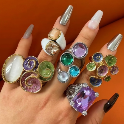 24K Gold PVD Stainless Steel Titanium Elegant Multi-Color Gemstone Women's Ring-JinBaoJewerly