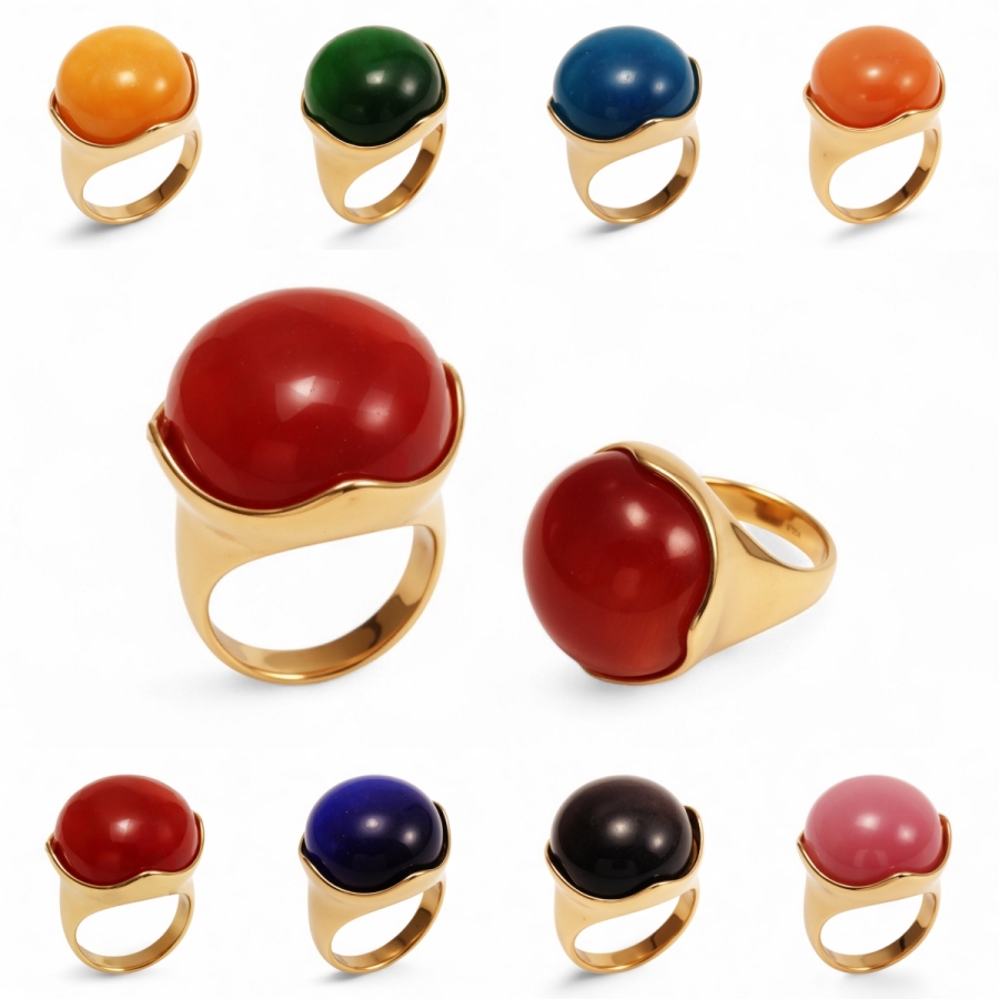 Colorful Gemstone Statement Ring, Stainless Steel Gold Plated, Retro Bold Finger Ring for Women | BL87JS