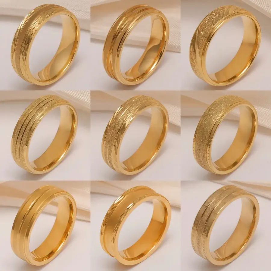 24K Gold-Plating Stainless Steel Minimalist Textured Trendy Men's Waterproof Ring  6MM
