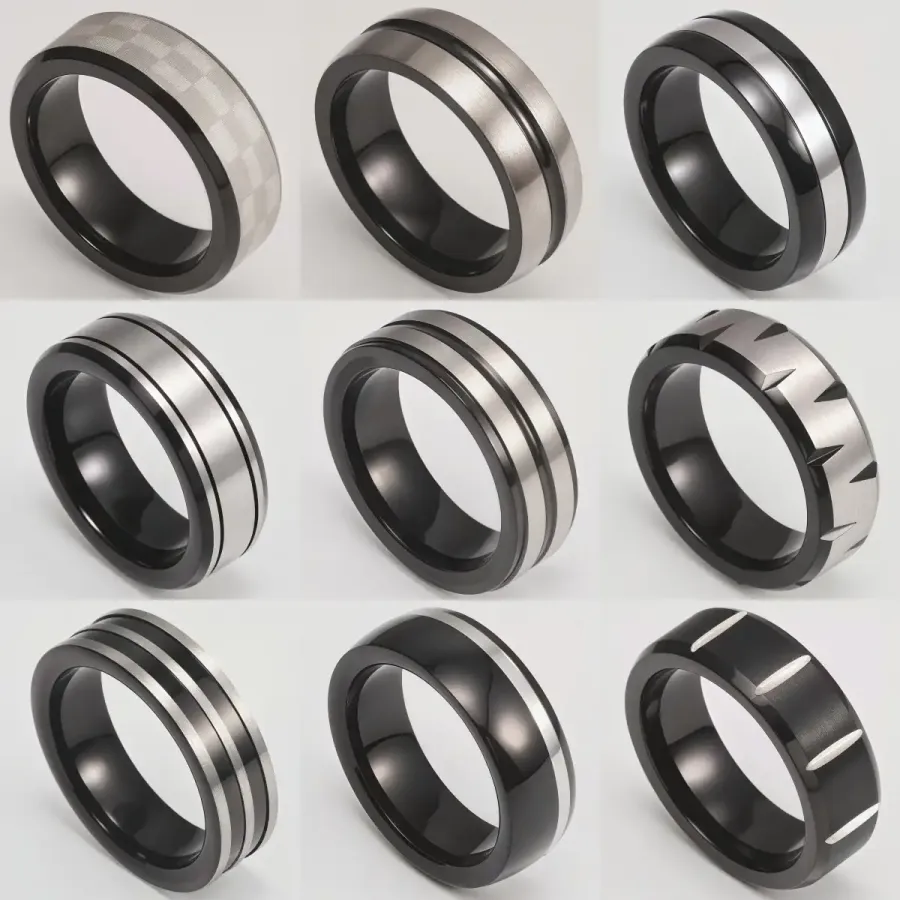 Black Fashion Stainless Steel Trendy Band Versatile for Business Men's Waterproof Ring 8MM
