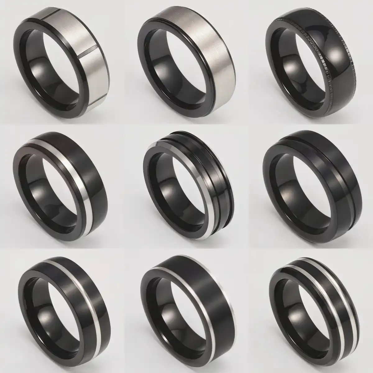Fashion Black & Silver Stainless Steel Waterproof Ring Diverse Line Textures Men's Waterproof Ring 8MM-JinBaoJewerly