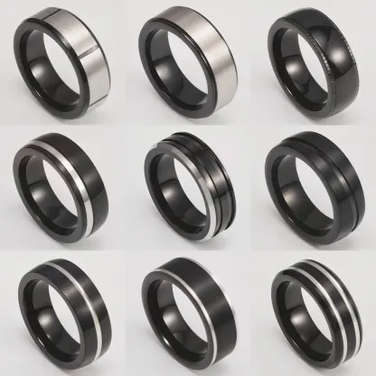 Fashion Black & Silver Stainless Steel Waterproof Ring Diverse Line Textures Men's Waterproof Ring 8MM-JinBaoJewerly