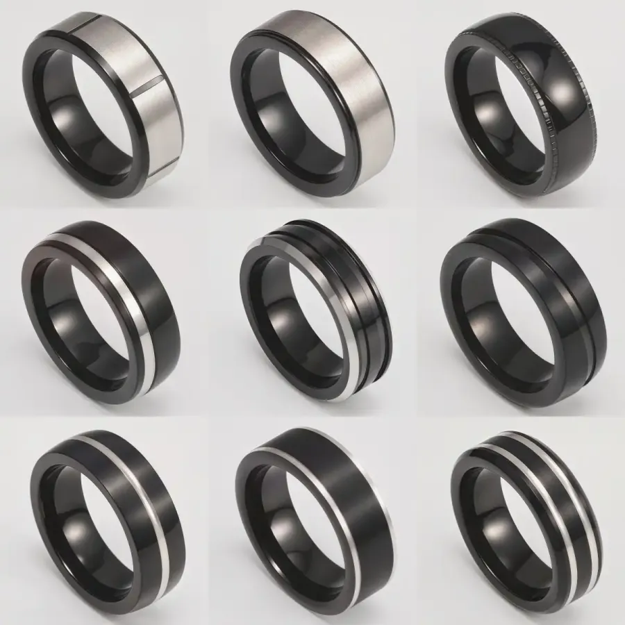 Fashion Black & Silver Stainless Steel Waterproof Ring Diverse Line Textures Men's Waterproof Ring 8MM