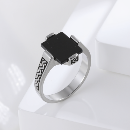 【单款】Square Stainless Steel Ring with Black Stone Classic Fashion for Men | K002743-JinBaoJewerly