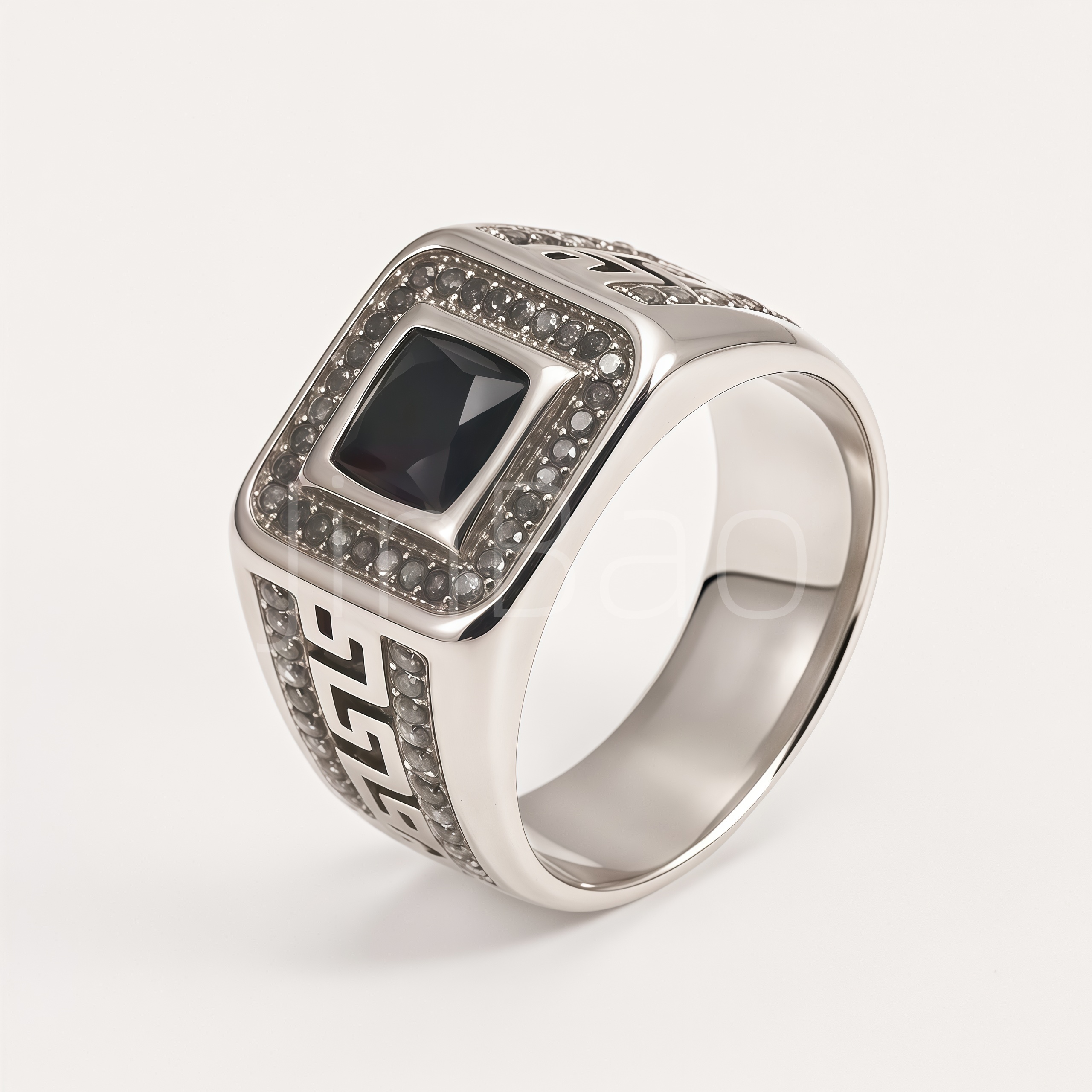 Pave CZ Halo Greek Key Silver-Tone Men Signet Ring | B175