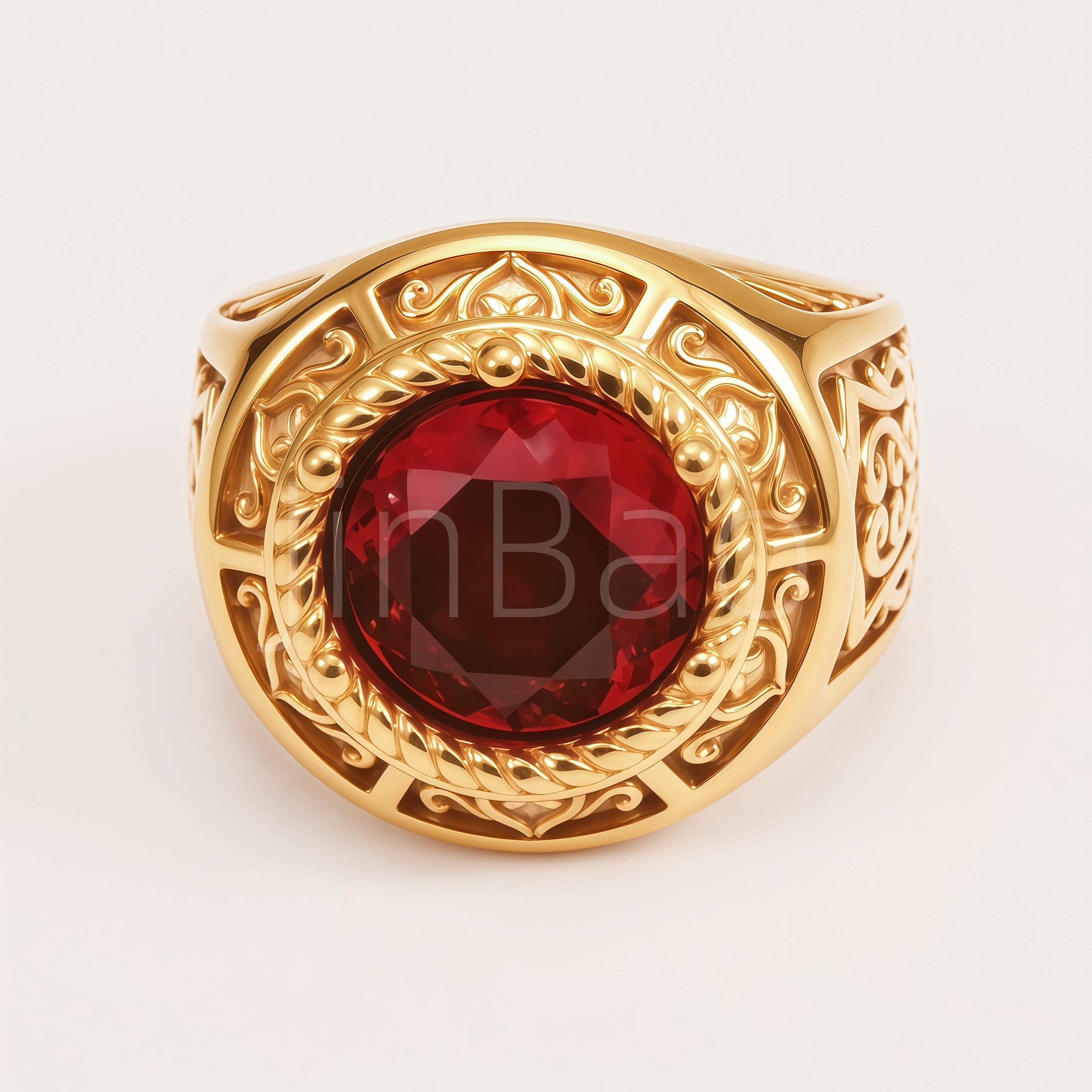 Vintage Filigree Carved Oval Red Gem Signet Ring for Men | B131