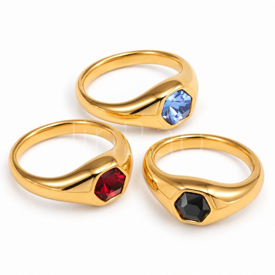 Signet Style with Tapered Band Modern Geometric Gemstone Setting Gold Ring B284