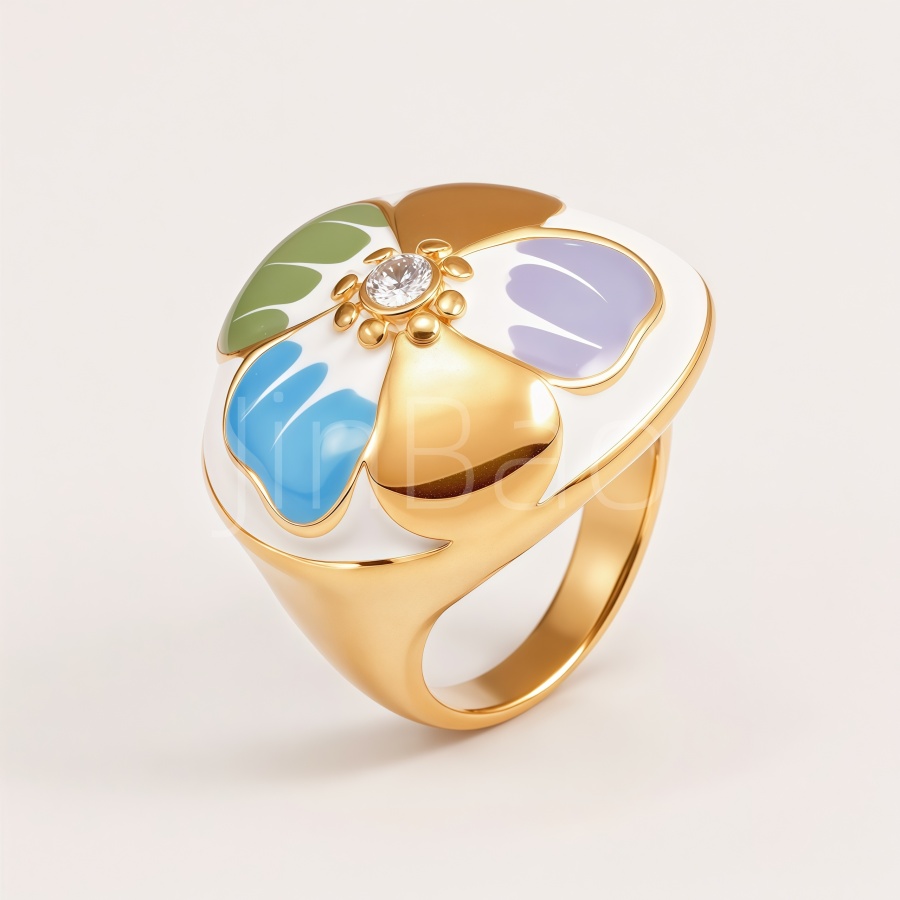 Retro Colorful Enamel Flower Crystal Gold‑Tone Women Ring | K004620