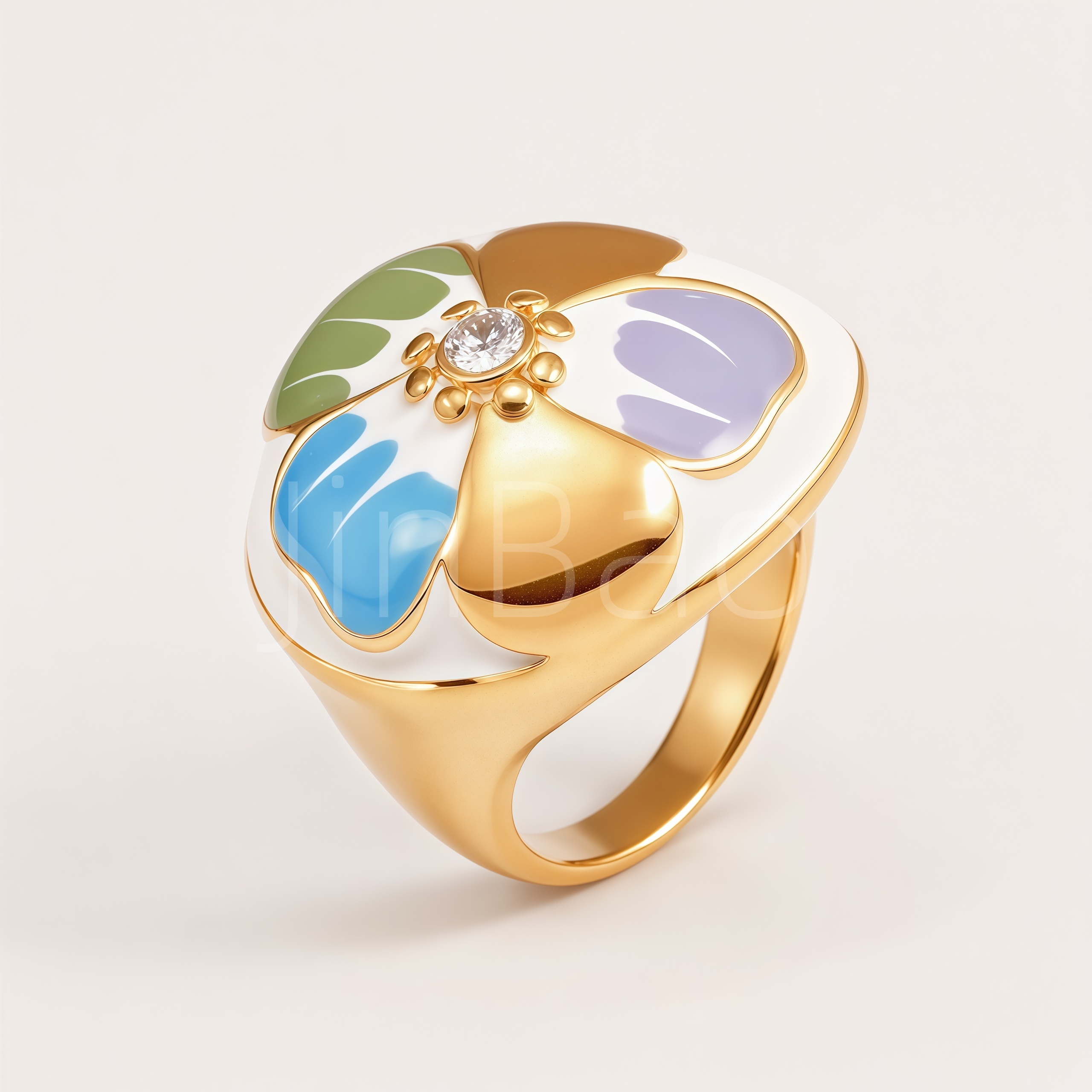 Retro Colorful Enamel Flower Crystal Gold‑Tone Women Ring | K004620