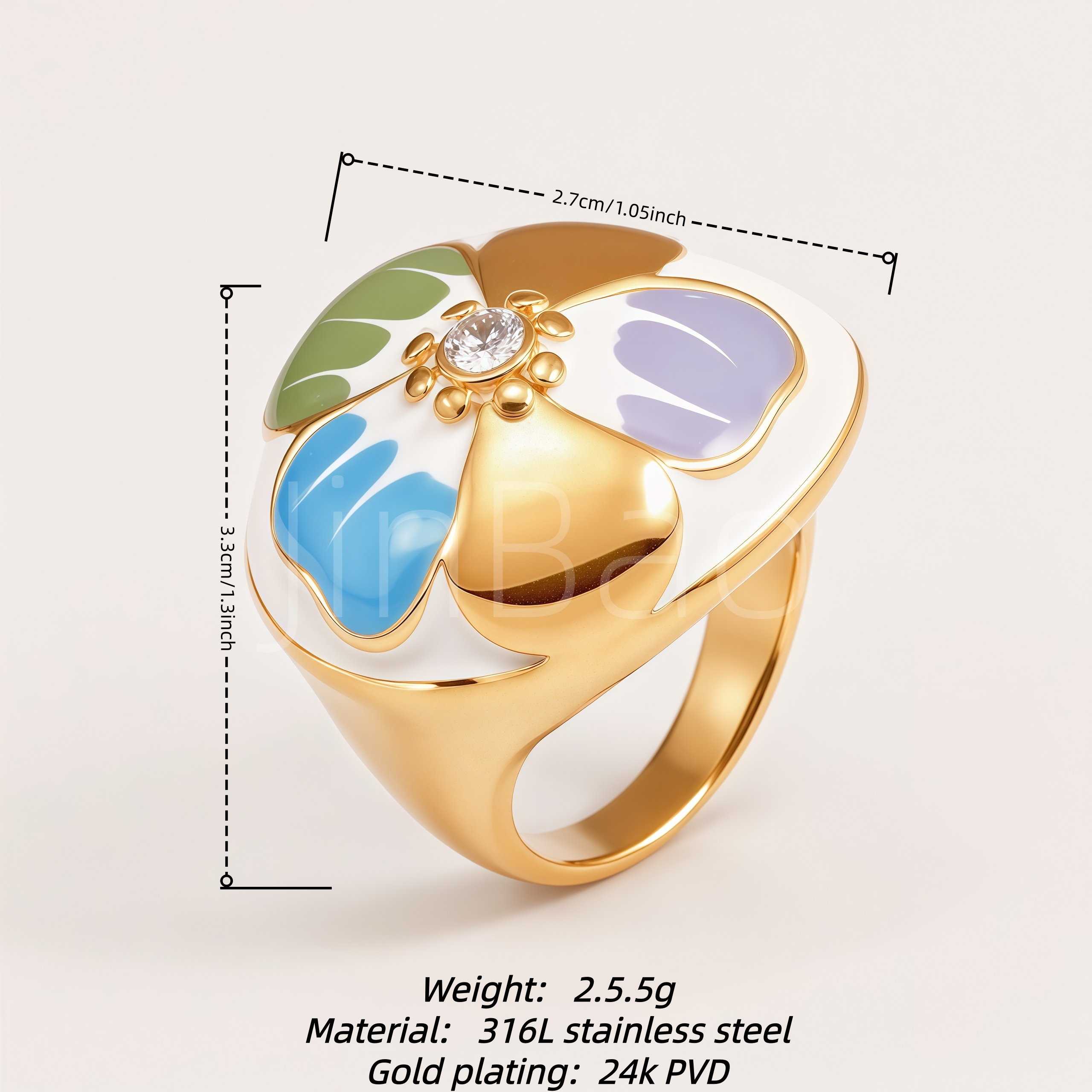 Retro Colorful Enamel Flower Crystal Gold‑Tone Women Ring | K004620