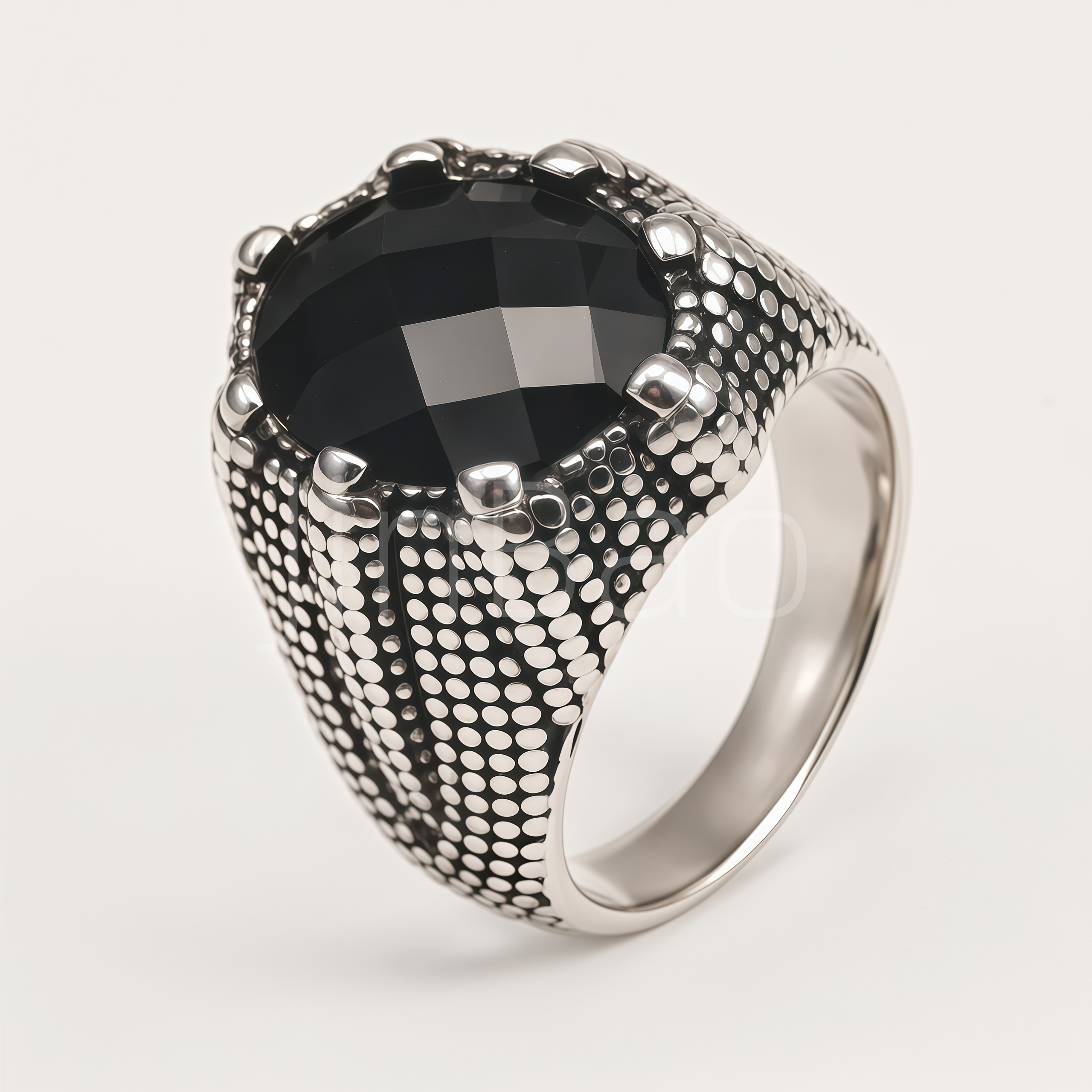 Antique Silver Tone Stainless Steel Mens Oval Black Gem Ring | B093