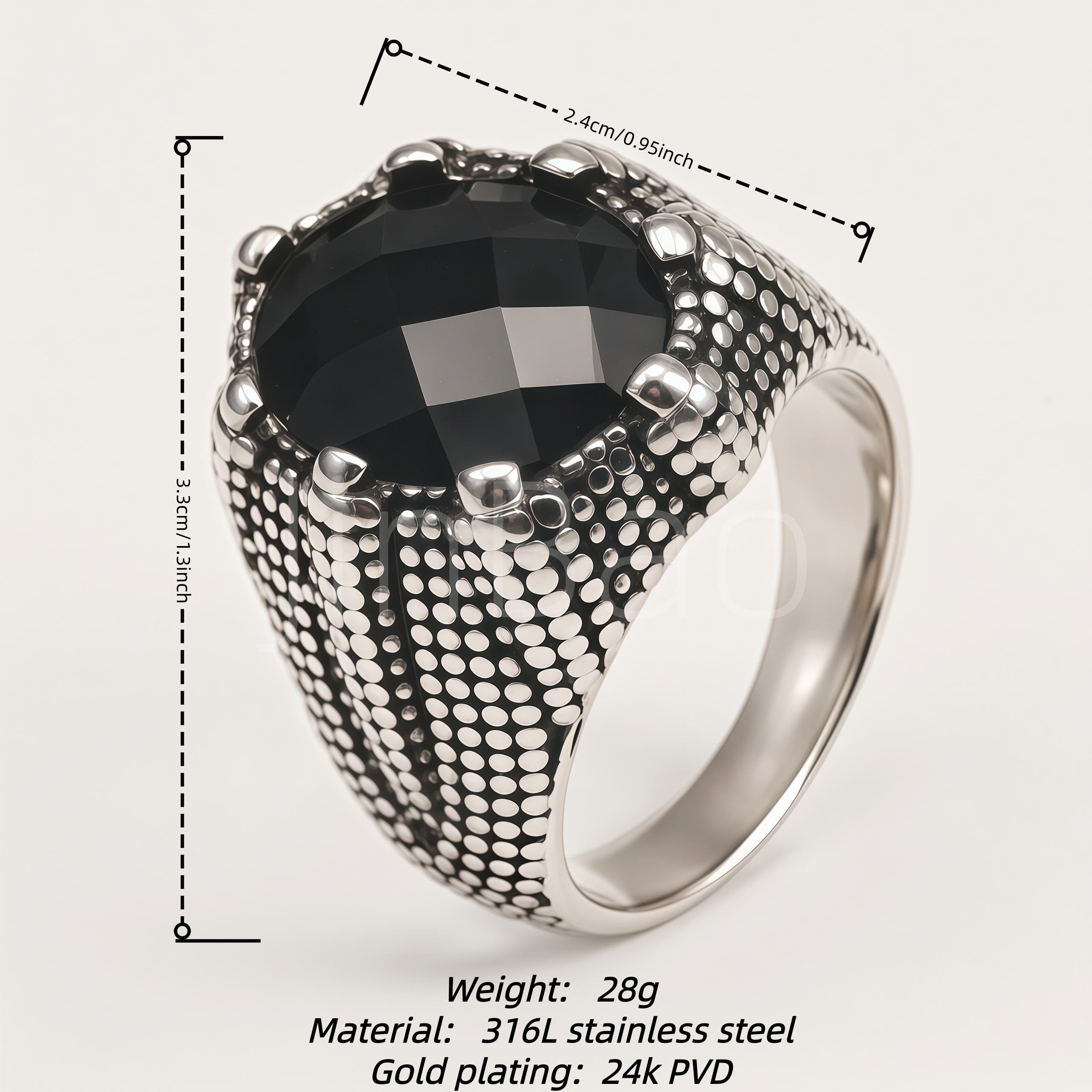 Antique Silver Tone Stainless Steel Mens Oval Black Gem Ring | B093