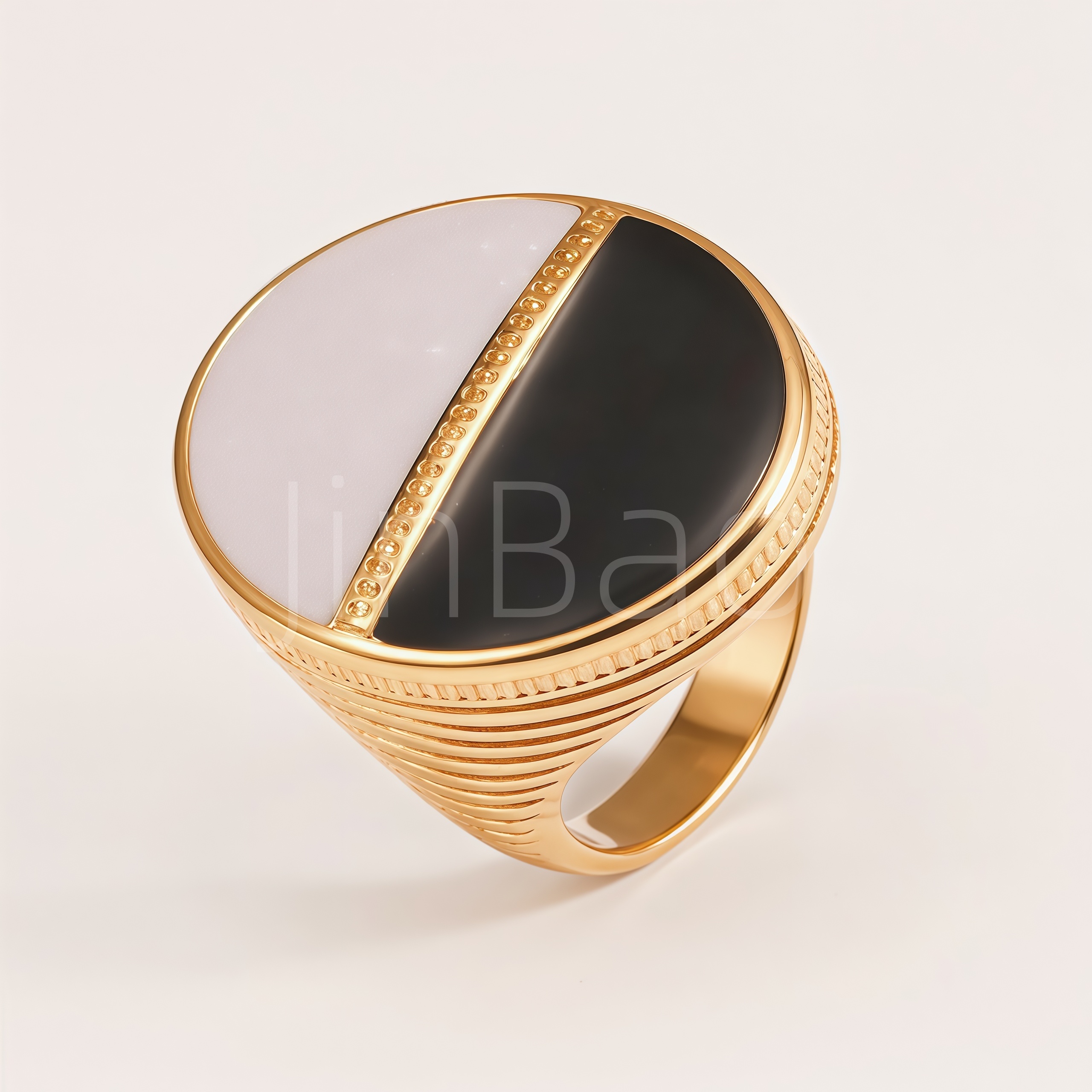 Two‑Tone Black White Enamel Large Round Chunky Women's Ring | E00528