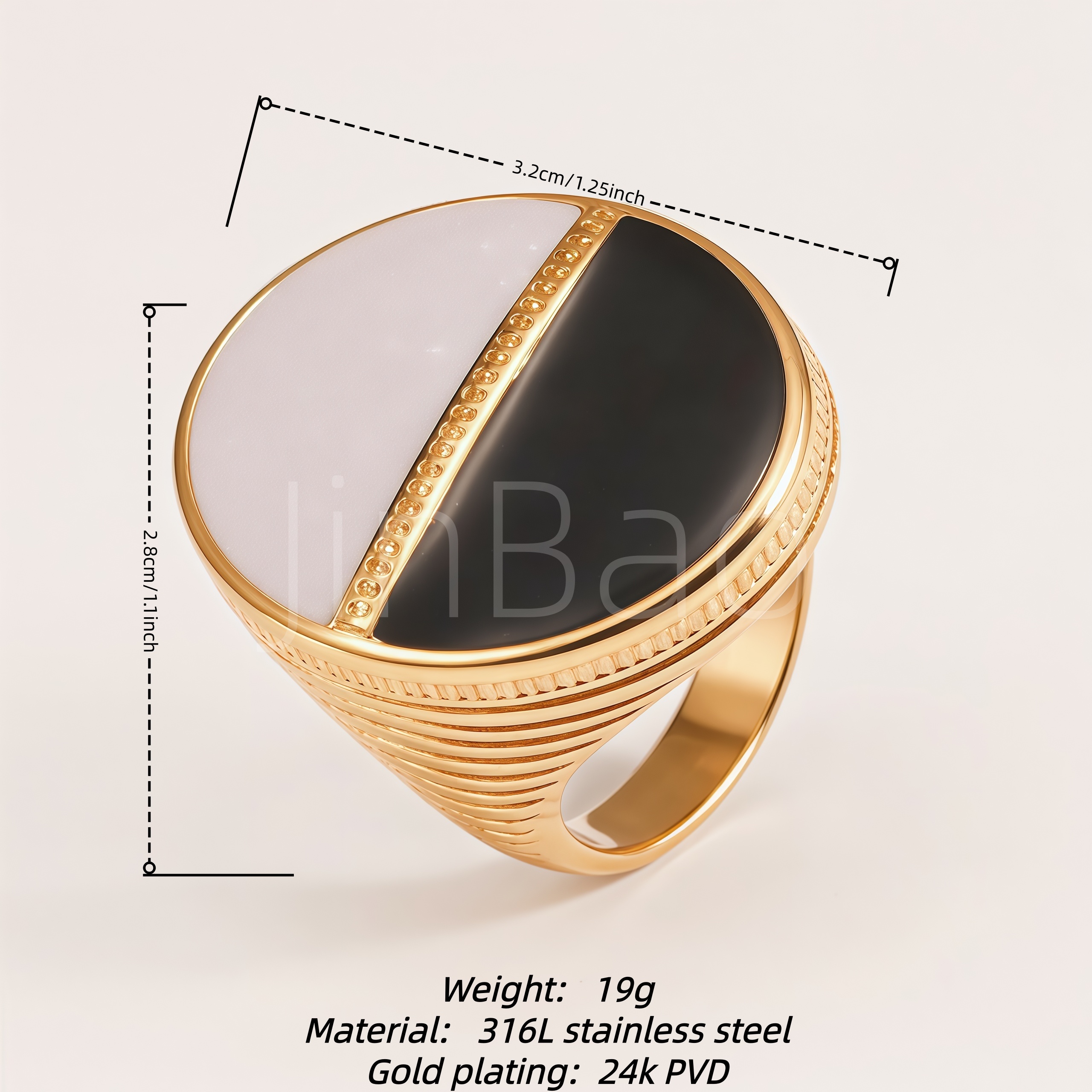 Two‑Tone Black White Enamel Large Round Chunky Women's Ring | E00528