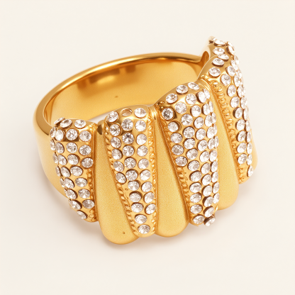 Diamond - Set Fan - Shaped Gold Ring, Stainless Steel Party Fashion Jewelry | G003974-JinBaoJewerly