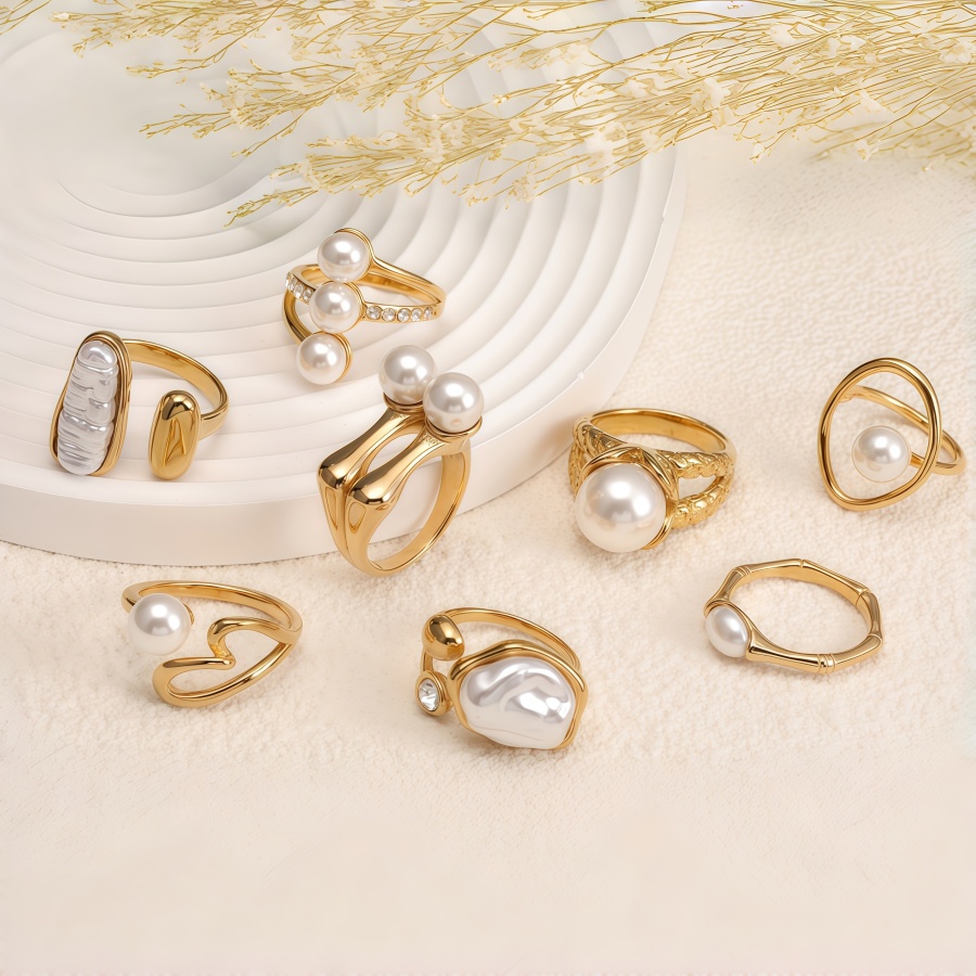 Pearl Zircon Statement Ring, Stainless Steel Gold Plated, Women's Vintage Elegant Finger Ring