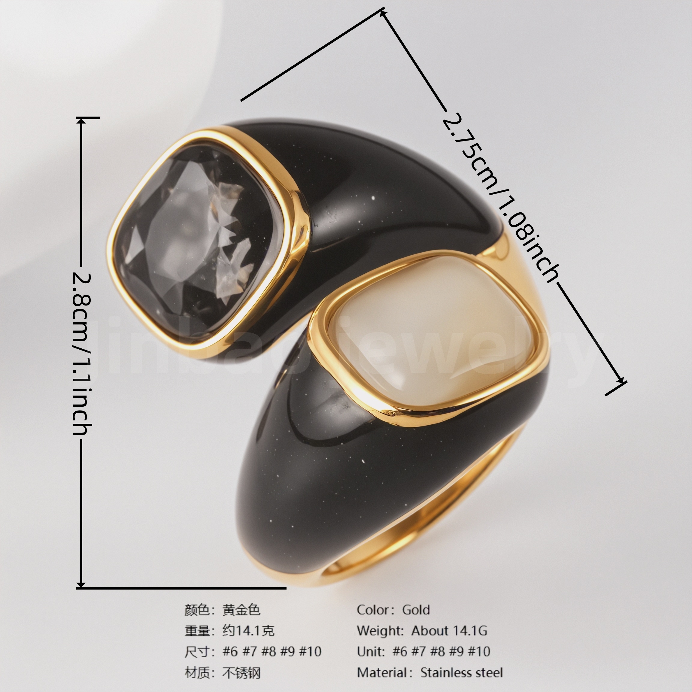 24K Gold PVD Stainless Steel Titanium Fashionable Multi-Color Gem Women's Ring-JinBaoJewerly