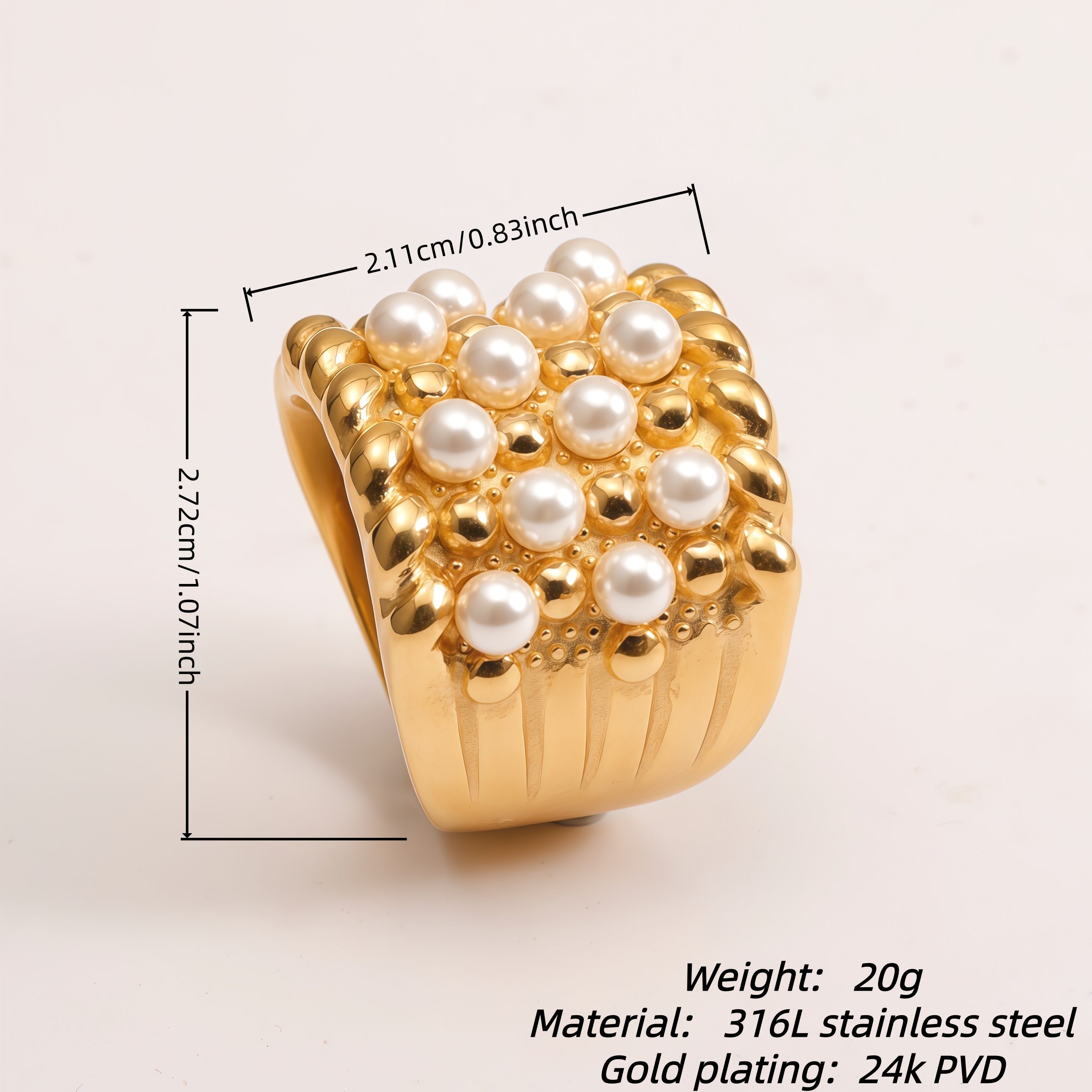 Gold Plated Stainless Steel Pearl Ring for Women, Vintage Inspired Wide Band Ring