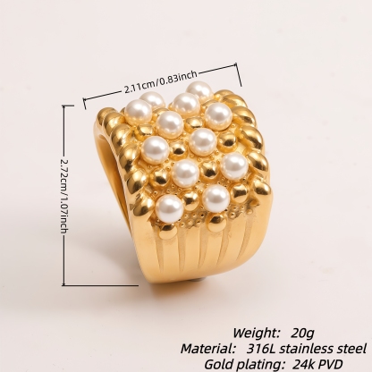 Gold Plated Stainless Steel Pearl Ring for Women, Vintage Inspired Wide Band Ring