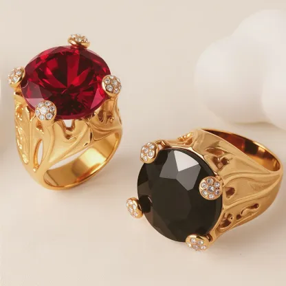 24K Gold-Plating Stainless Steel Luxury Red & Black Crystal Statement Women's Waterproof Ring丨K003078-JinBaoJewerly
