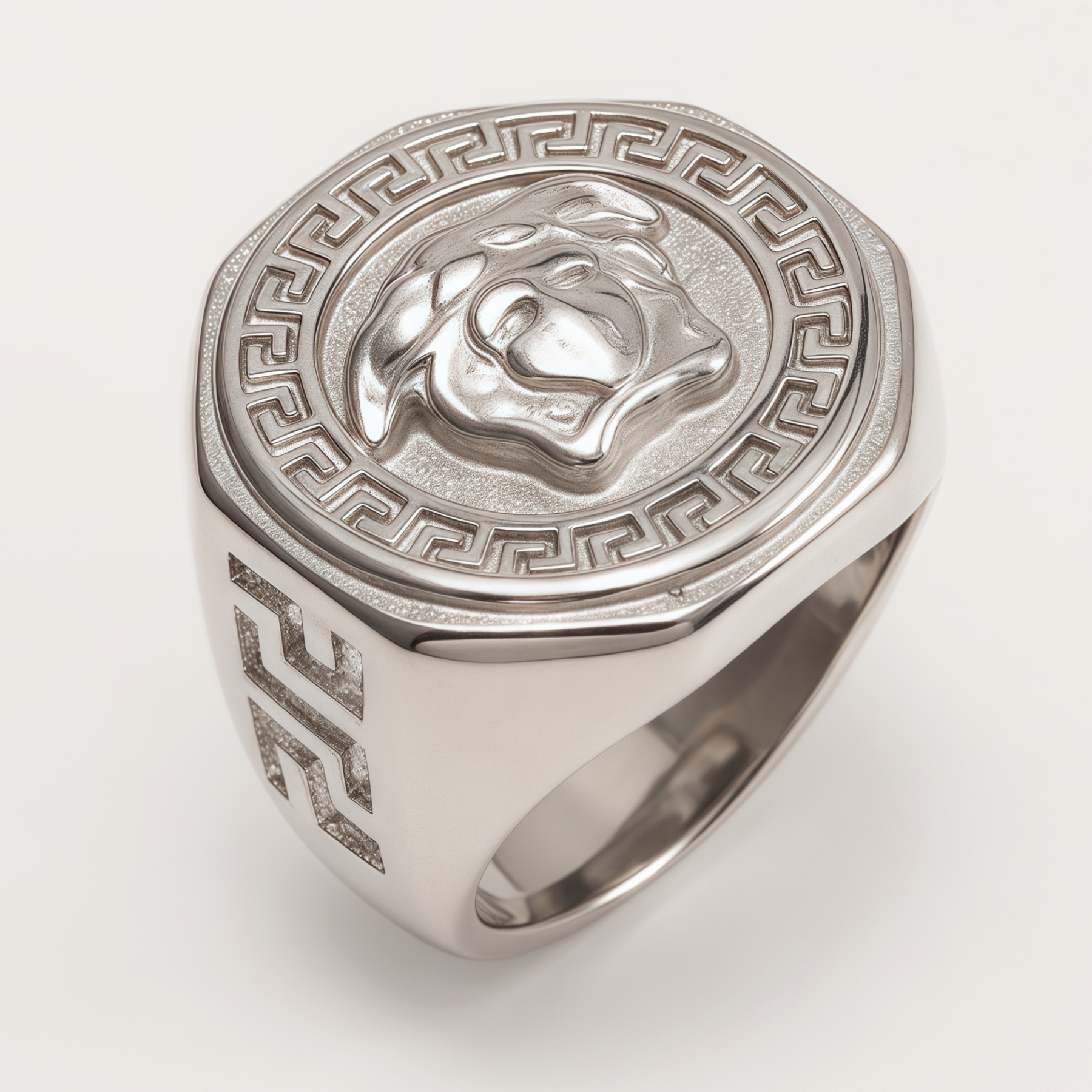 Versace - style Medusa Silver Ring, Classic Greek Key Relief Band | DZ249-JinBaoJewerly