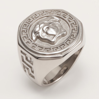 Versace - style Medusa Silver Ring, Classic Greek Key Relief Band | DZ249-JinBaoJewerly