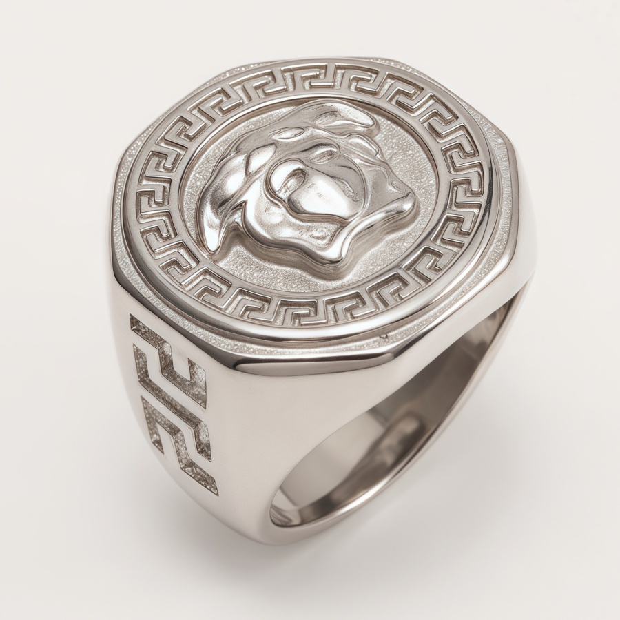 Versace - style Medusa Silver Ring, Classic Greek Key Relief Band | DZ249