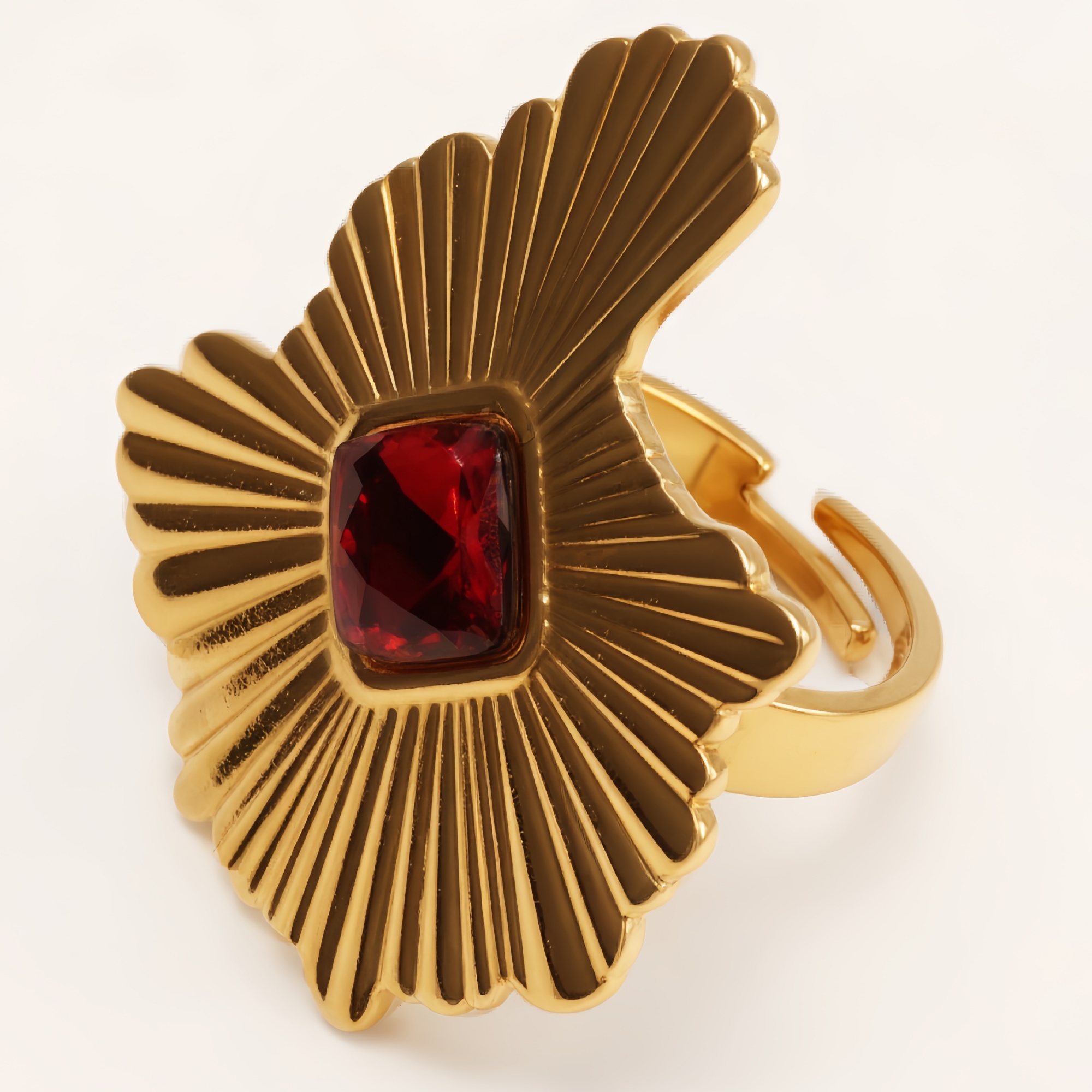 Gold Fan - shaped Ruby - inlaid Open Ring, Stylish and Luxurious Trendy Band | G006426-JinBaoJewerly