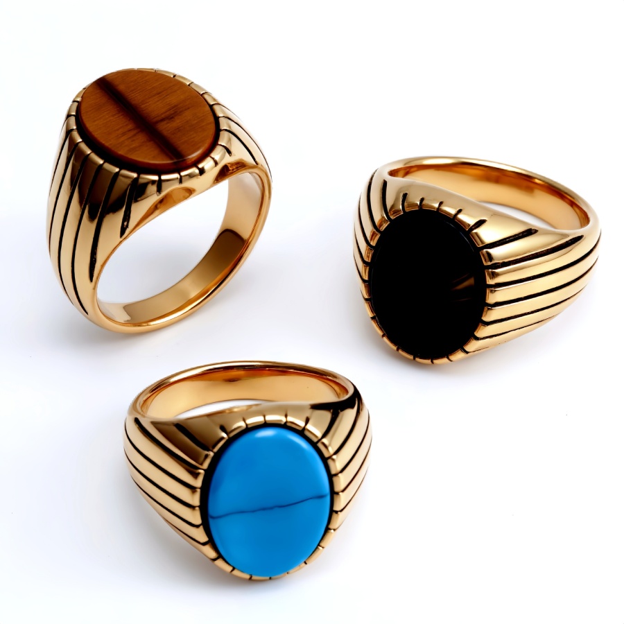 European and American Style Metal Striped Gemstone Ring - Trendy Men's Fashion Jewelry | K00168