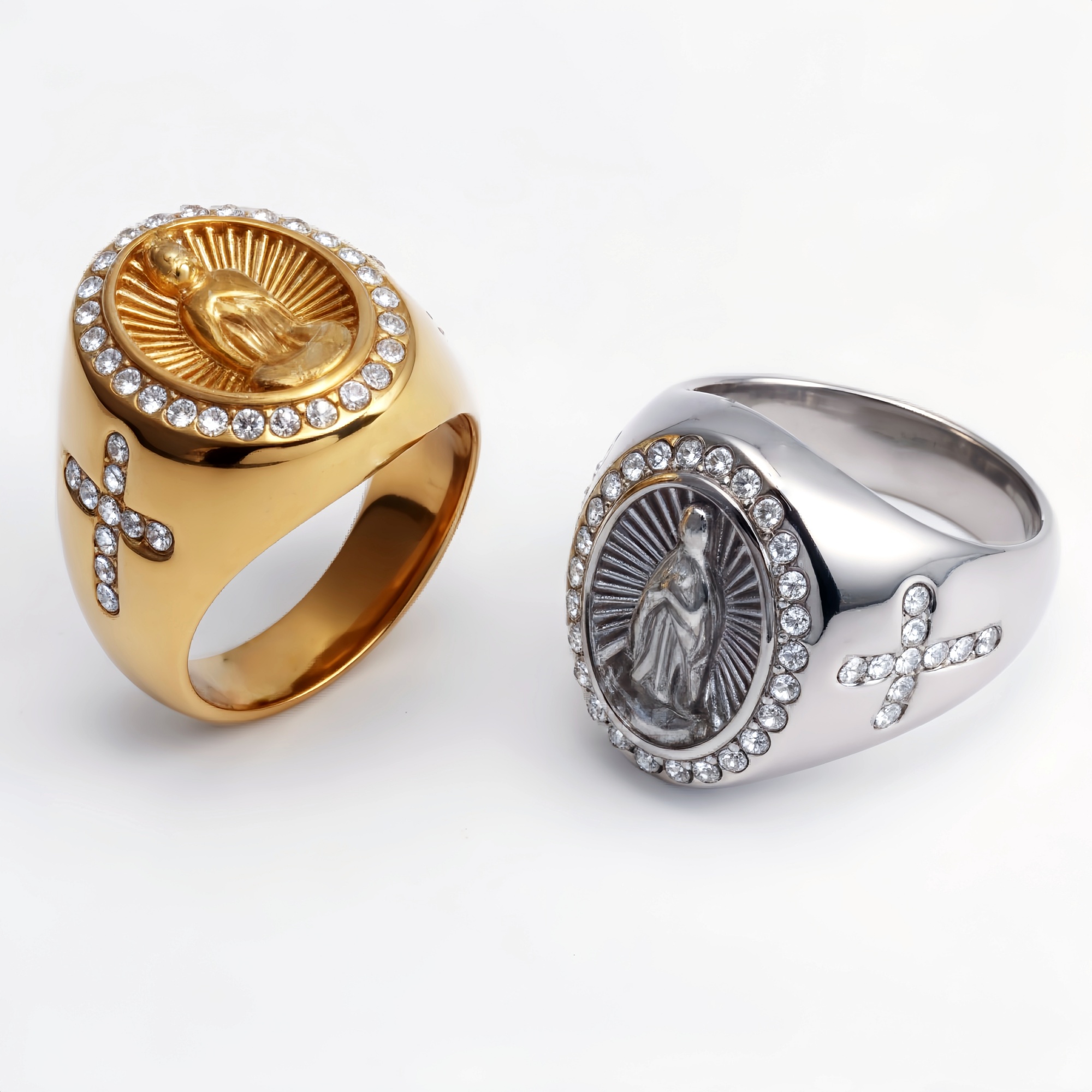 Stylish Men's Gold - and - Silver Stainless Steel Ring with Diamond - set Virgin Mary Image | G00613-JinBaoJewerly