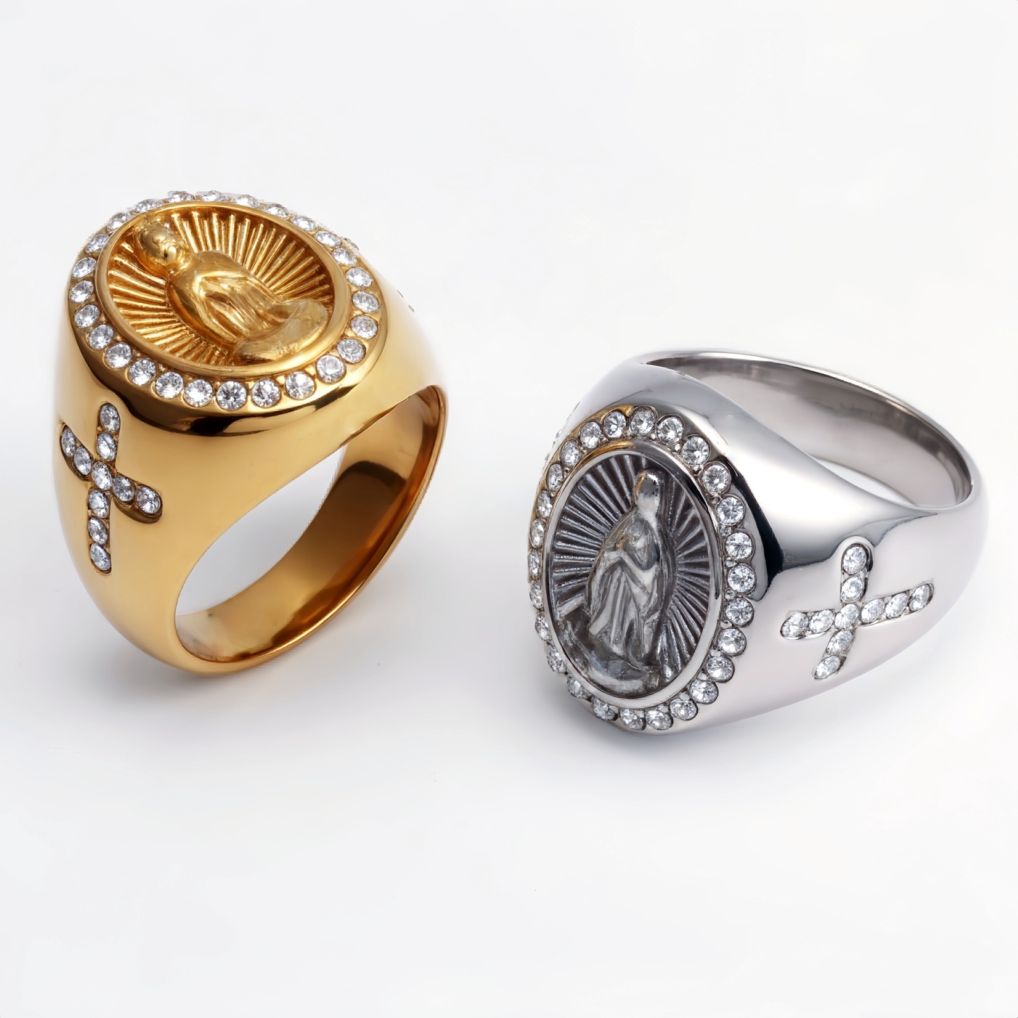Stylish Men's Gold - and - Silver Stainless Steel Ring with Diamond - set Virgin Mary Image | G00613-JinBaoJewerly