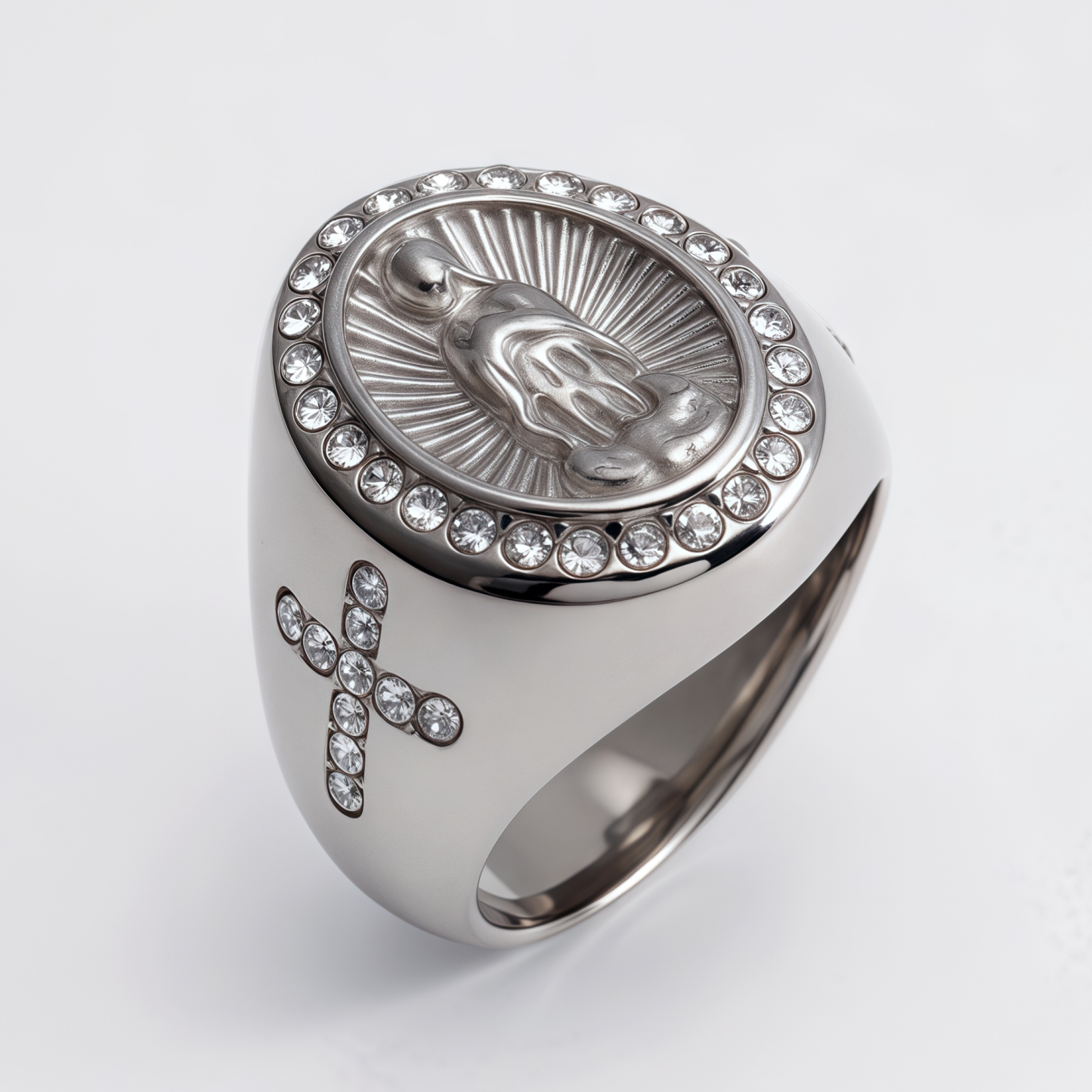 Stylish Men's Gold - and - Silver Stainless Steel Ring with Diamond - set Virgin Mary Image | G00613-JinBaoJewerly