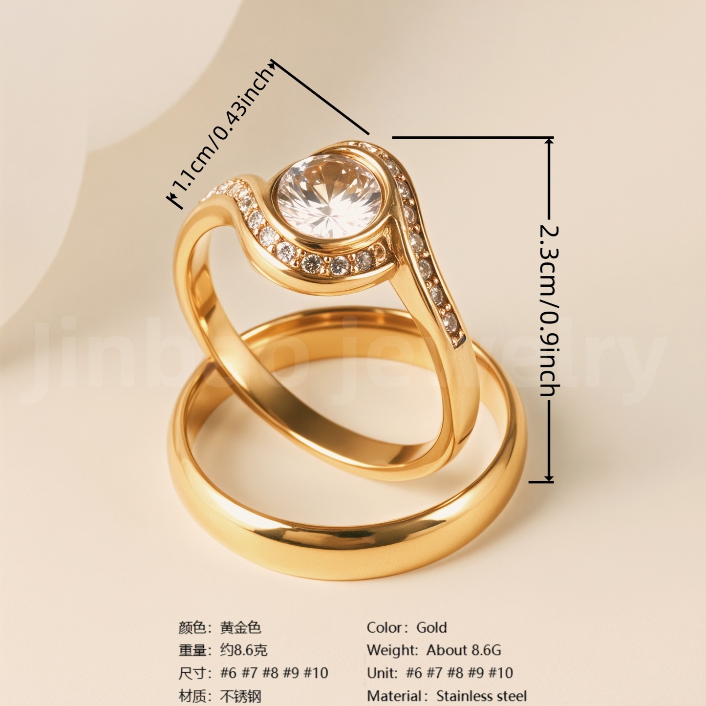 24K Gold-Plating Stainless Steel Luxury Crystal Wedding Waterproof Ring-JinBaoJewerly