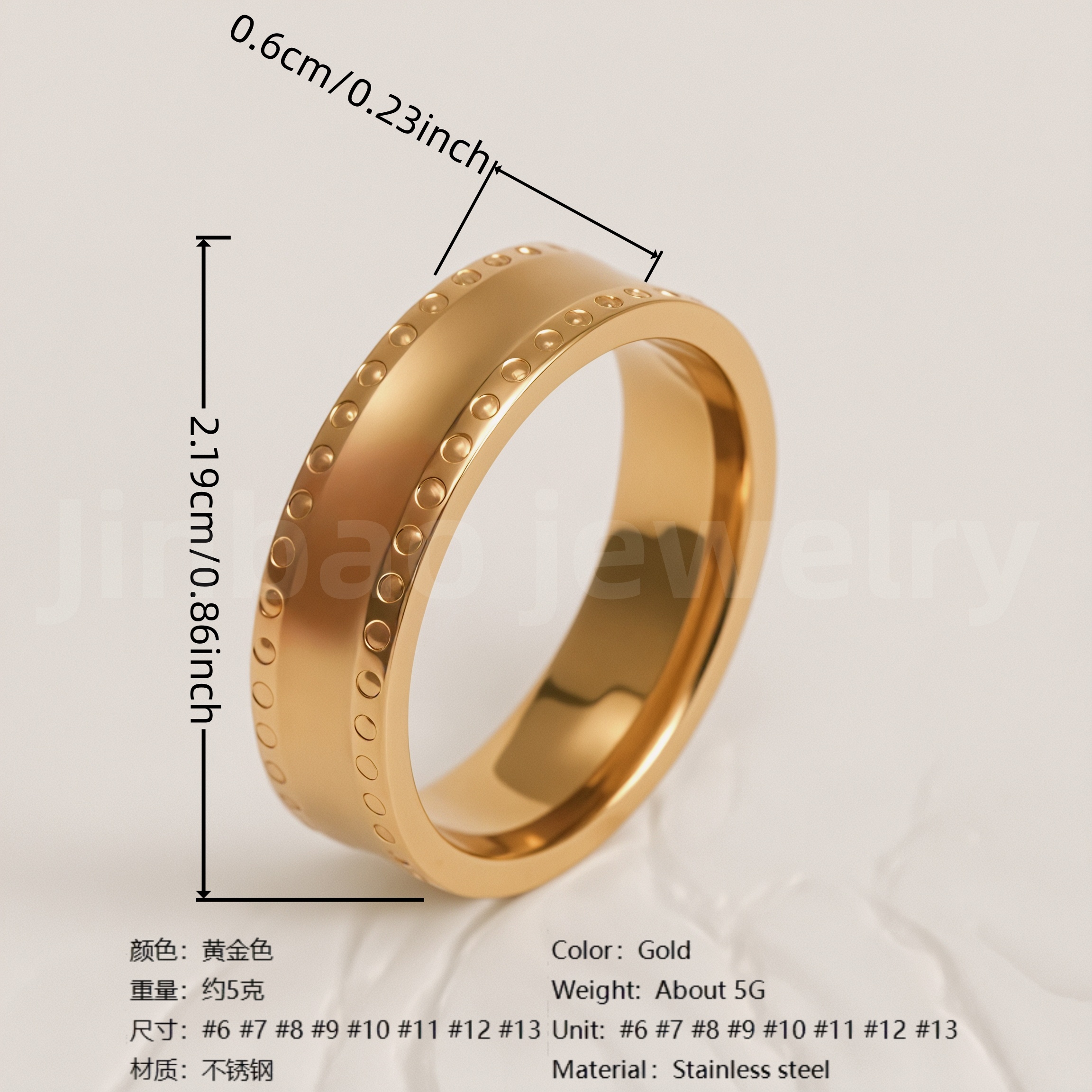 Stylish 24K Gold-Plating Stainless Steel Unisex 6MM Band-JinBaoJewerly
