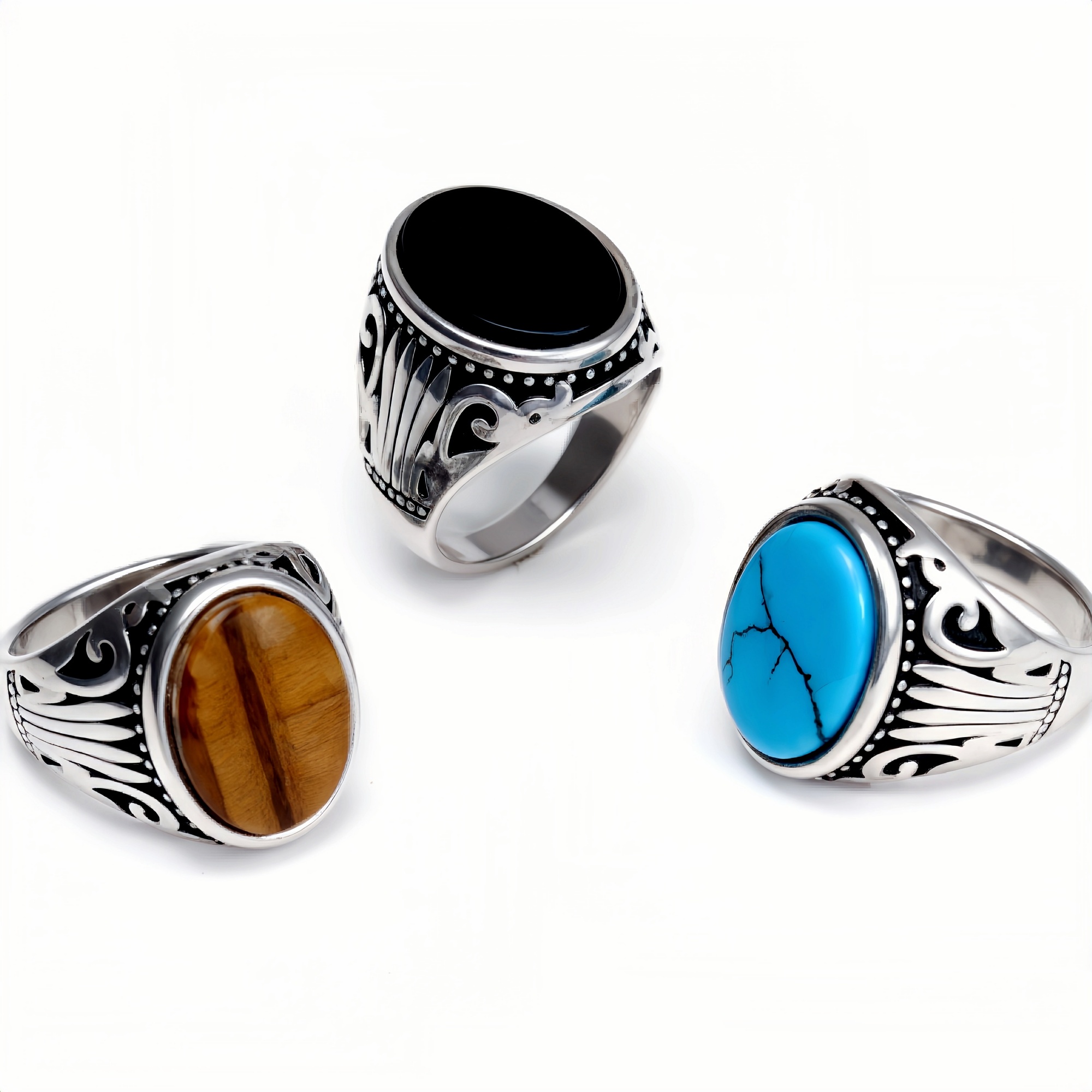 Silver - Inlaid Gemstone Carved Ring - Retro and Trendy Jewelry | K00680GH-JinBaoJewerly