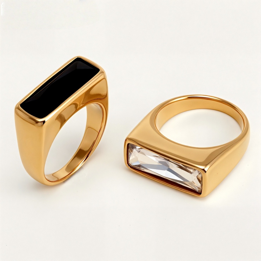 Gold Inlaid Rectangular Gem Women's Stainless Steel Ring | K003723