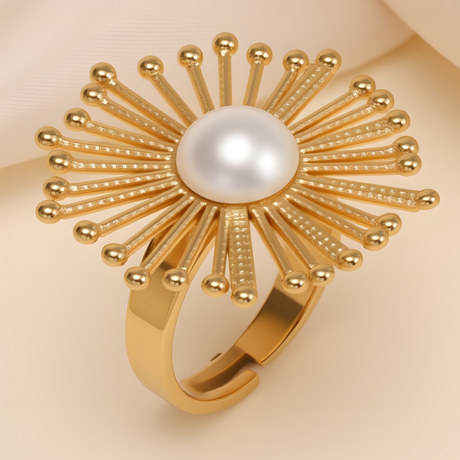 Retro Metal Sunflower Pearl Women's Stainless Steel Ring | G006430J