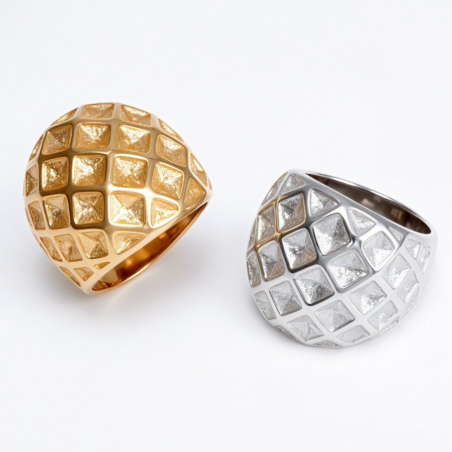 Grid Pattern Statement Ring, Stainless Steel Gold Plated, Retro Art Women's Ring | G003671