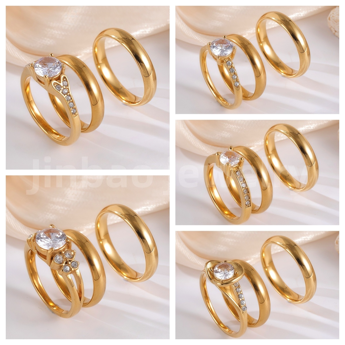 3 pc His & Her Crystal Glow Wedding Ring Set Hypoallergenic 24k Gold, Cubic Zirconia, Size 6-10-JinBaoJewerly