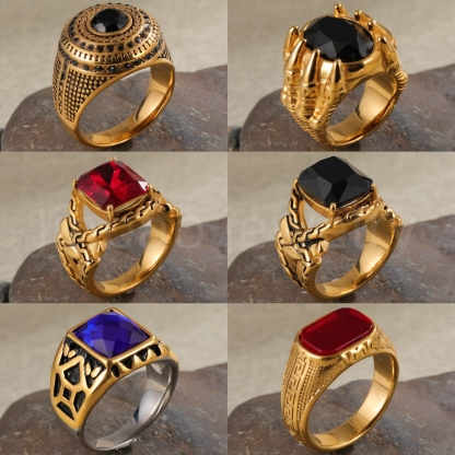 24K Gold PVD Stainless Steel Titanium Square Gemstone Fashion Men's Ring-JinBaoJewerly