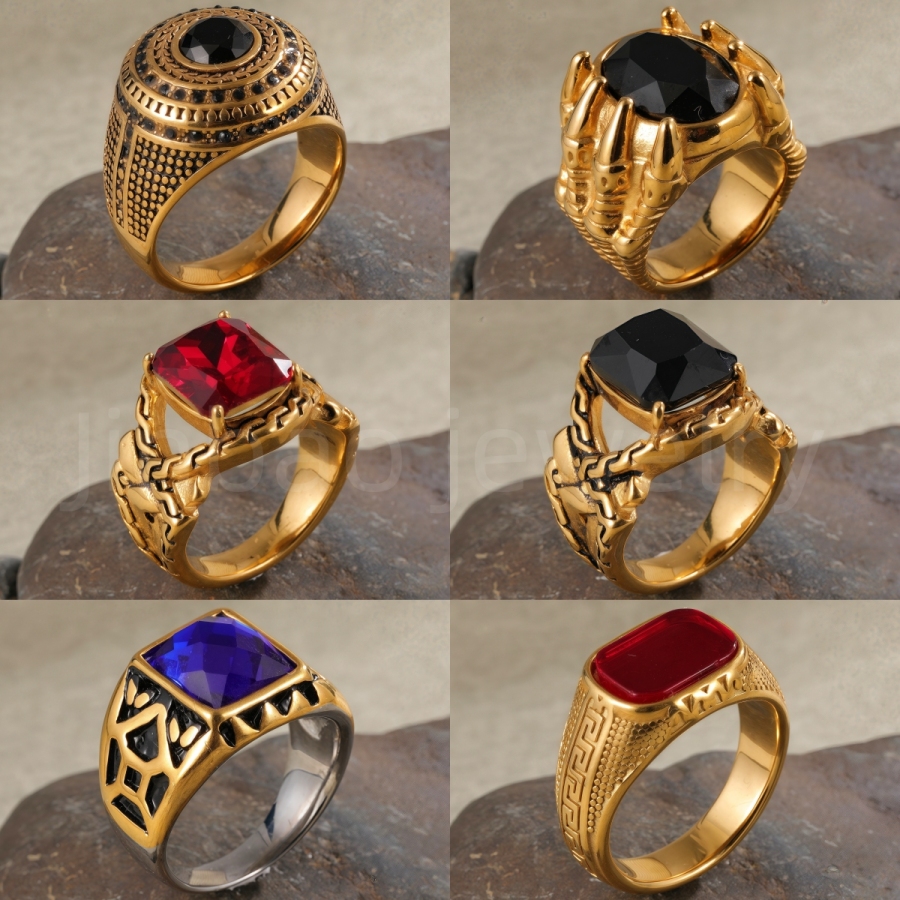 24K Gold PVD Stainless Steel Titanium Square Gemstone Fashion Men's Ring