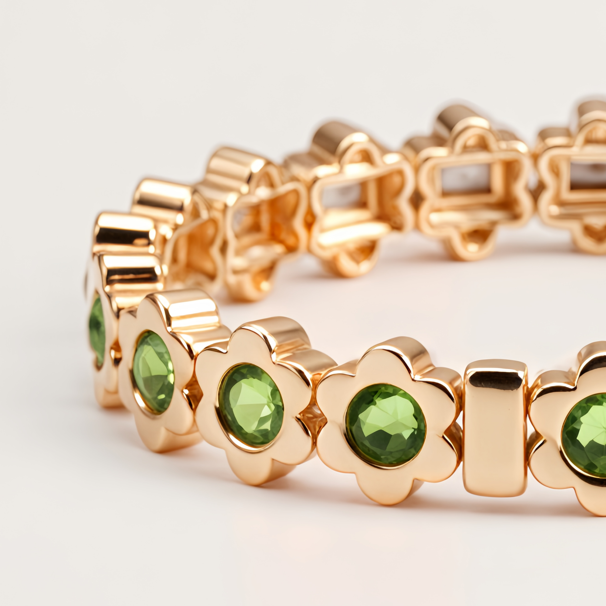 Gold Tone Flower Link Bracelet with Green Stones