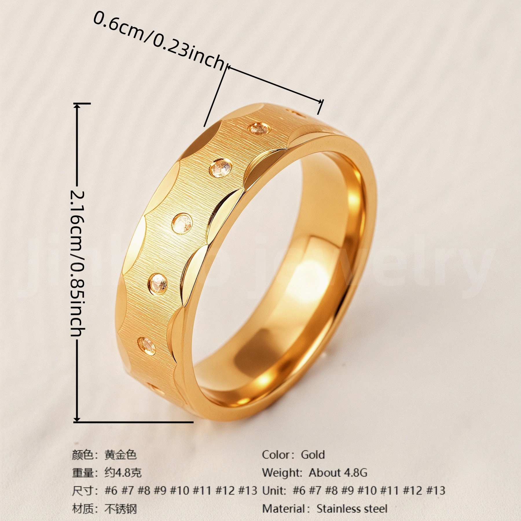 Stylish 24K Gold-Plating Stainless Steel Unisex 6MM Band-JinBaoJewerly